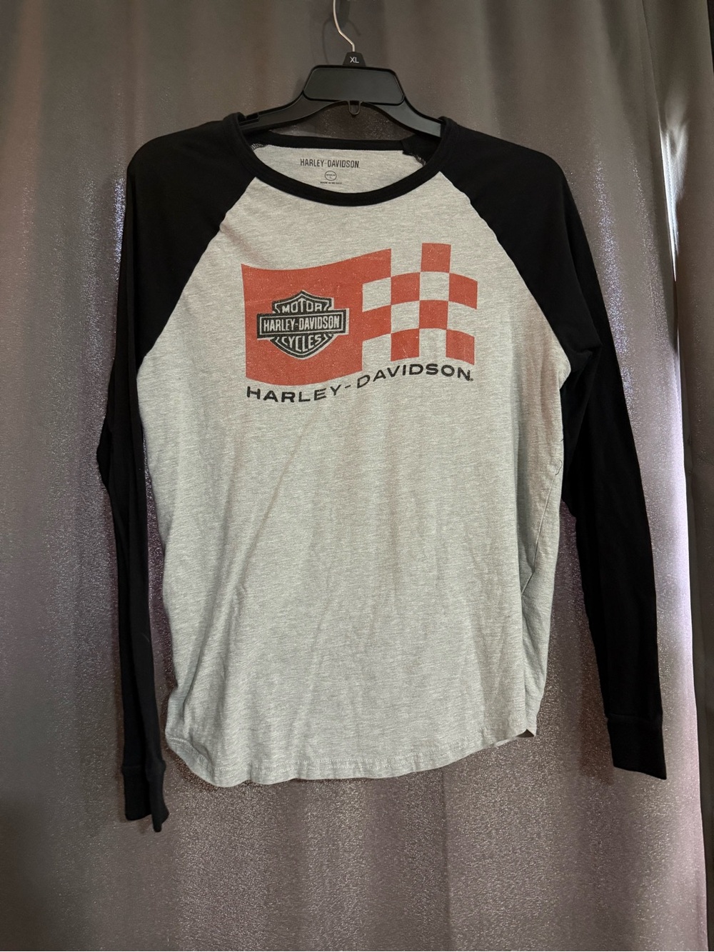 Harley-Davidson Black & White Raglan Tee with Red Checker Logo
